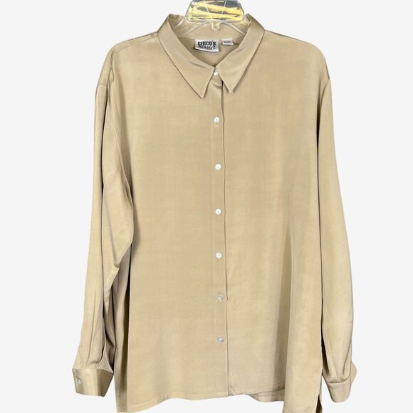 Chico's Design Blouse Silk blend tan bronze button front Chico size 3 - Picture 1 of 7